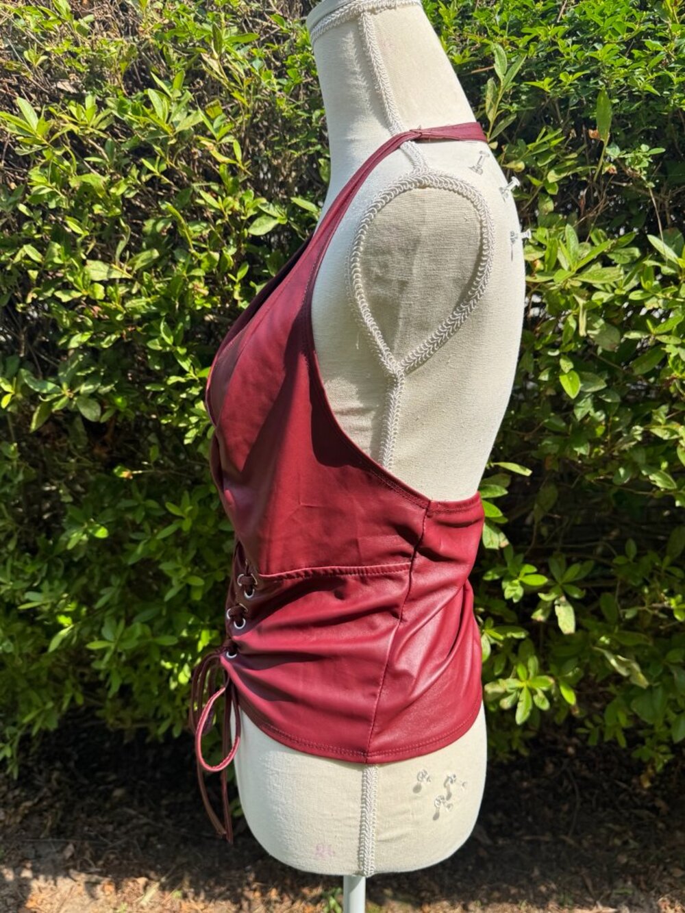 Women's 2XL Burgundy Faux Leather Corset Halter Top Lace Up - Picture 5 of 6
